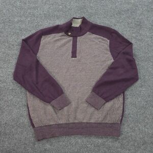 Tom James Sweater Mens XL Purple Houndstooth 100% Baby Alpaca Mock Neck Zip